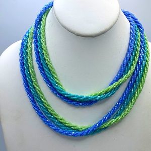 Nolan Miller Twisted Glass Seed Bead Necklace Trio Turquoise Blue Lime Green Vtg